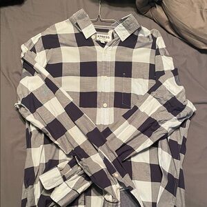 Express Men's Blue and White Plaid Shirt
